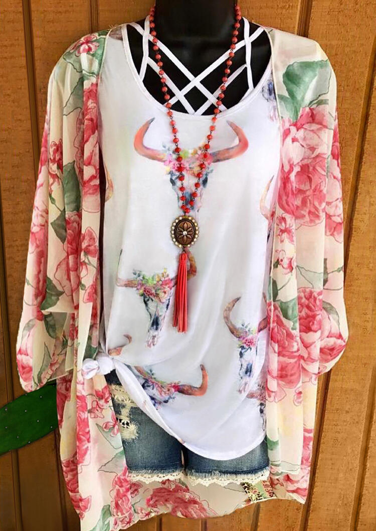 

Floral Steer Skull Criss-Cross Tank without Necklace - White, 453046