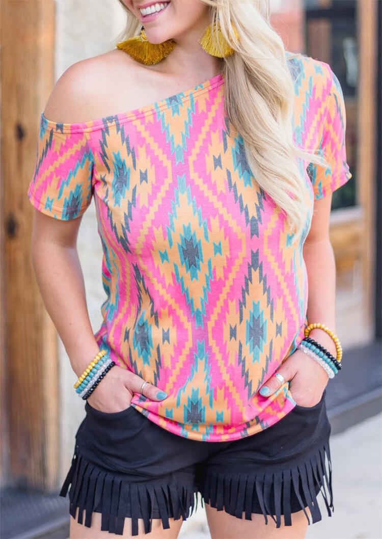 

Blouses Aztec Geometric Printed One Shoulder Blouse - Multicolor. Size