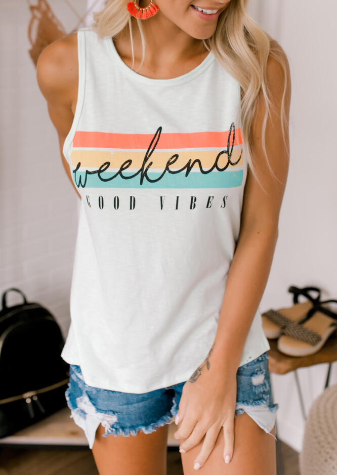 

Weekend Good Vibes Striped O-Neck Tank - White, 453077
