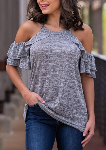 

Solid Ruffled Cold Shoulder Blouse - Gray, 453093