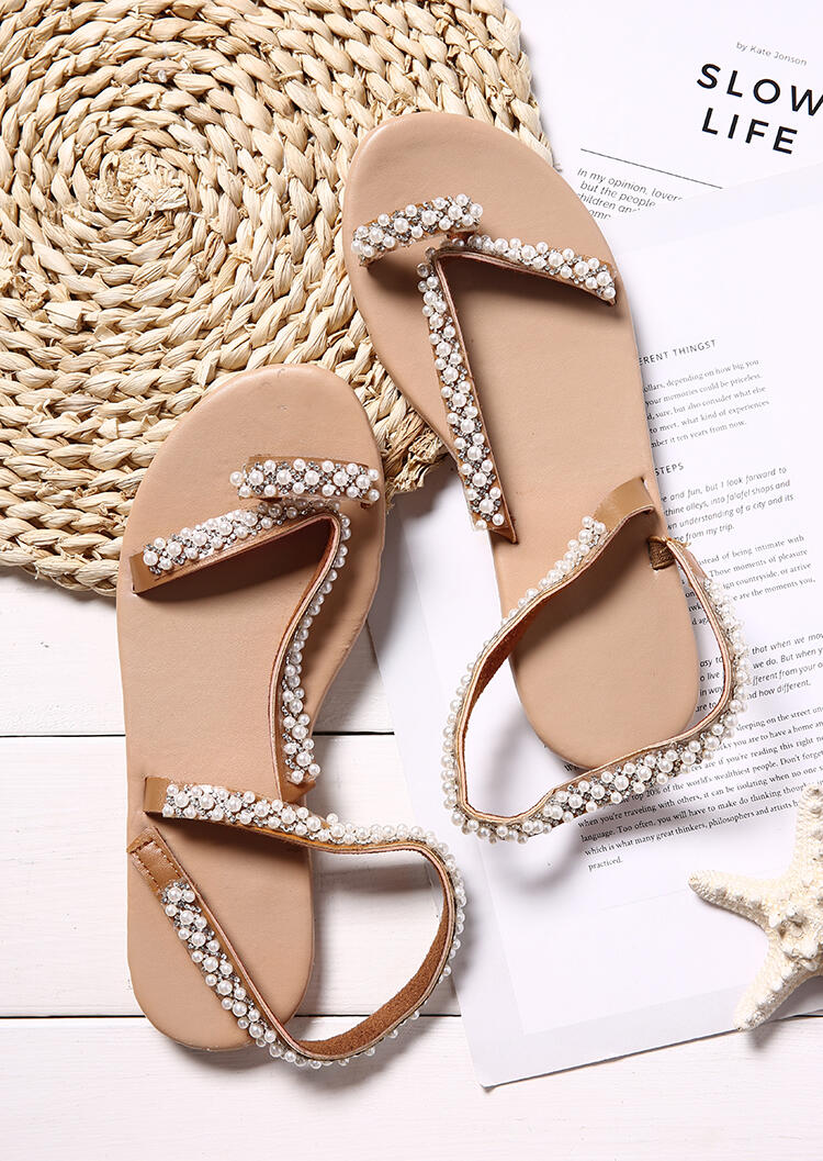 

Solid Rhinestone Flat Sandals - Brown, 453012