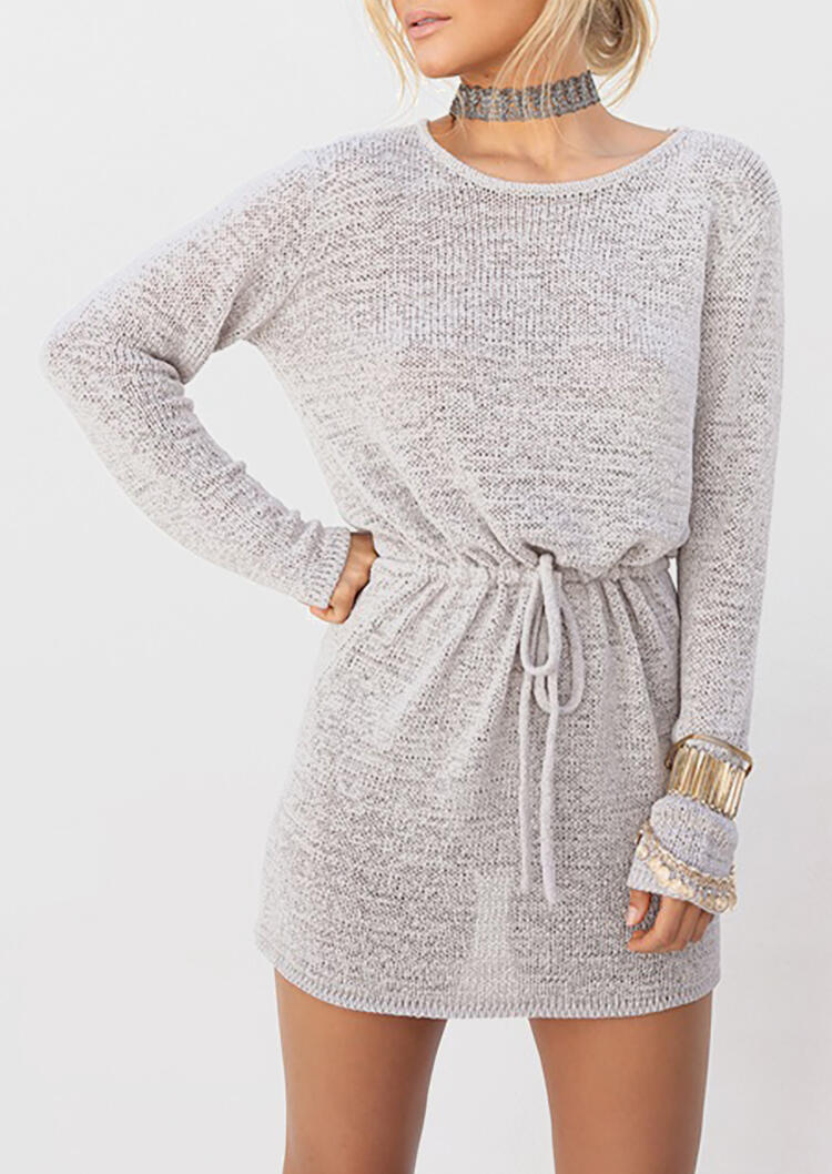 

Solid Knitted Open Back Drawstring Mini Dress without Choker - Gray, 453132