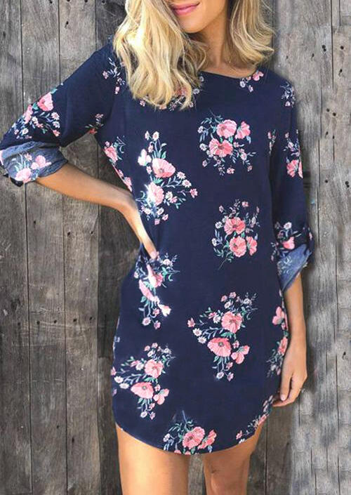 

Floral Long Sleeve Mini Dress - Deep Blue, 453145
