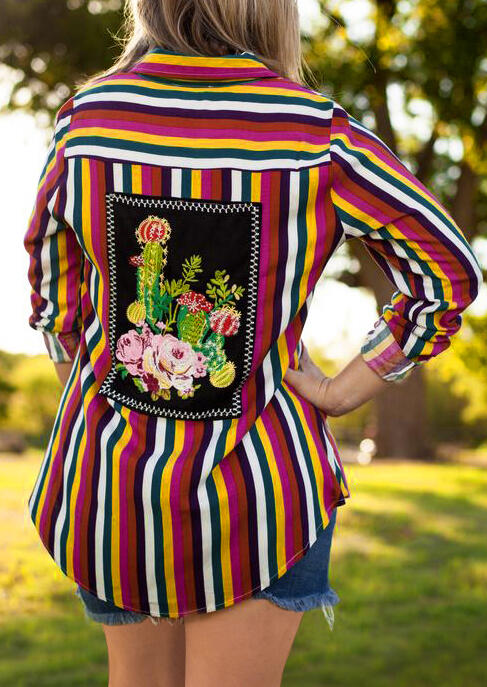 

Striped Floral Cactus Long Sleeve Shirt, Stripe, 453160