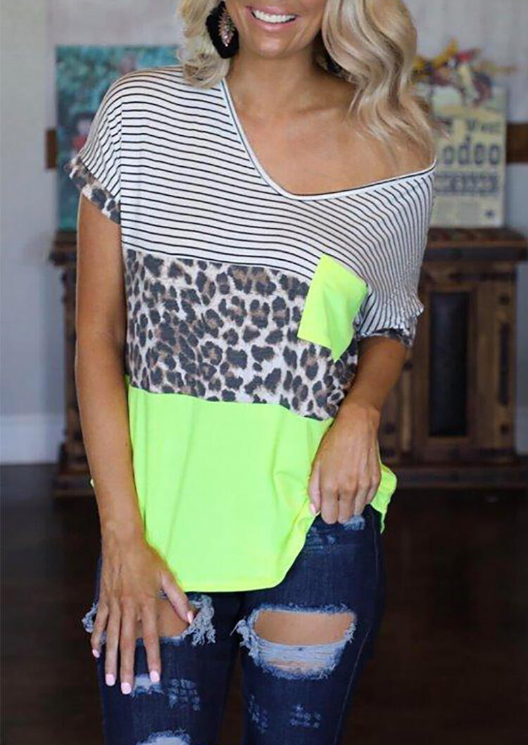 

Leopard Printed Stripe Splicing Pocket T-Shirt Tee - Multicolor, 453171