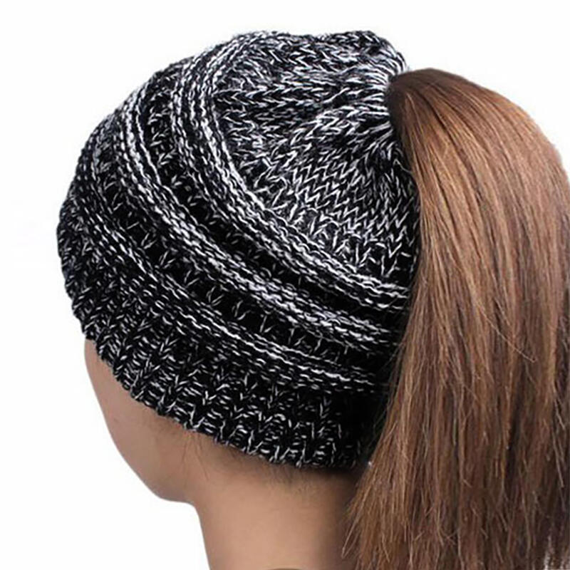 

Knitted Bun Beanie Ponytail Hat, 168483, Black;dark gray