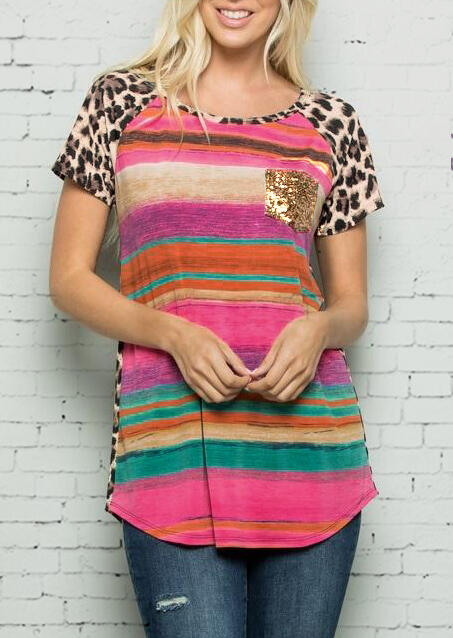 

Colorful Striped Leopard Printed T-Shirt Tee, Stripe, 453233