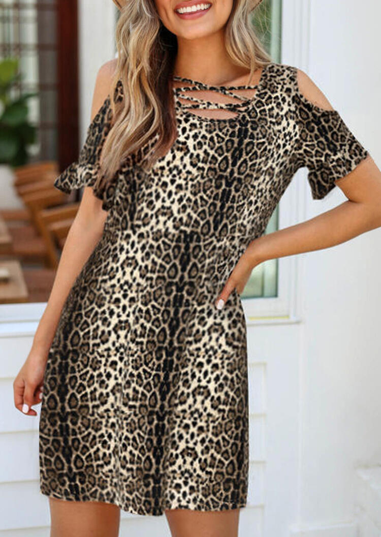 

Leopard Printed Criss-Cross Cold Shoulder Mini Dress, 451721
