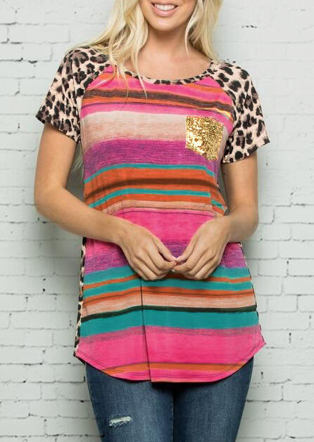

Tees T-shirts Colorful Striped Leopard Printed T-Shirt Tee. Size: ,M, Stripe