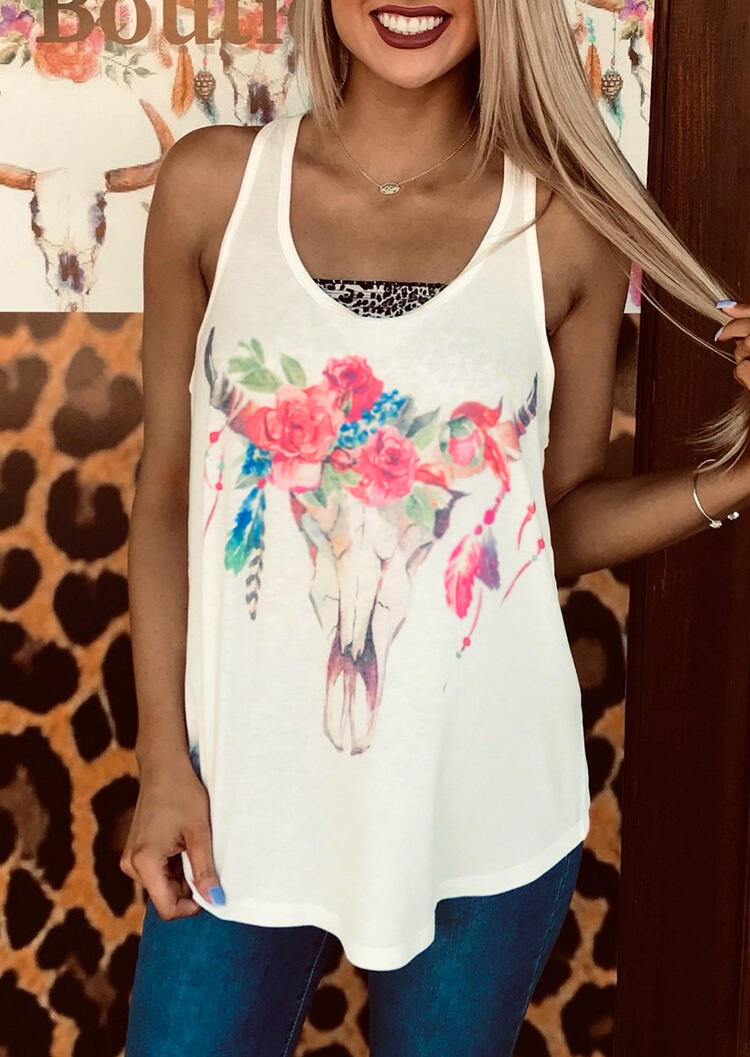 

Tank Tops Floral Cattle Tank without Necklace in White. Size