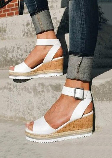 

Summer Buckle Strap Wedged Sandals - White, 453013