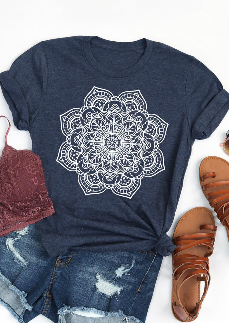 

T-shirts Tees Mandala Printed O-Neck T-Shirt Tee in Deep Blue. Size