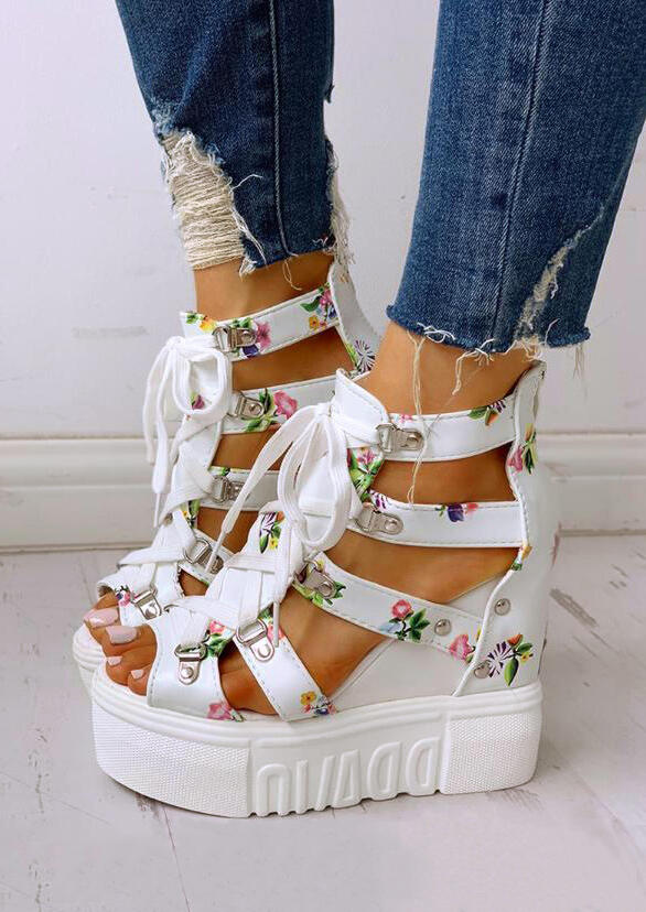 

Floral Peep Toe Wedged Sandals - White, 453143