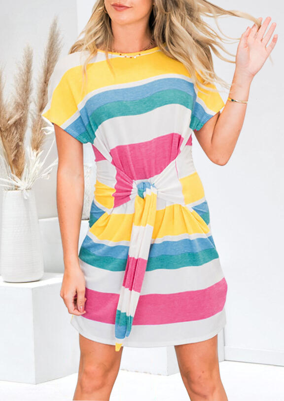 

Rainbow Striped Splicing Tie Mini Dress without Necklace, Stripe, 453312
