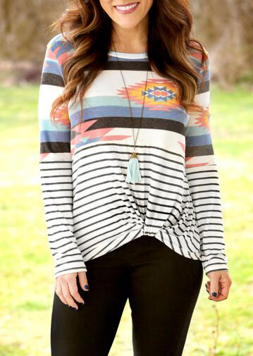 

Striped Splicing Aztec Geometric Printed T-Shirt Tee, Stripe, 453339