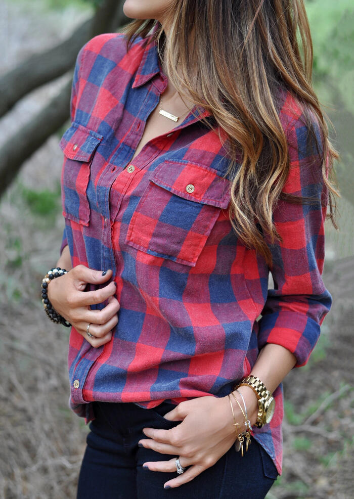 

Shirts Plaid Pocket Turn-Down Collar Shirt without Necklace in Plaid. Size