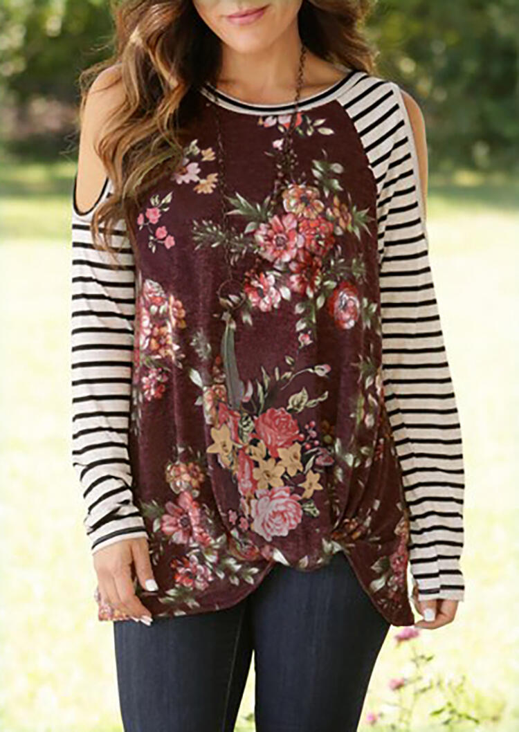 

Blouses Floral Striped Hollow Out Twist Blouse without Necklace - Burgundy. Size: ,M
