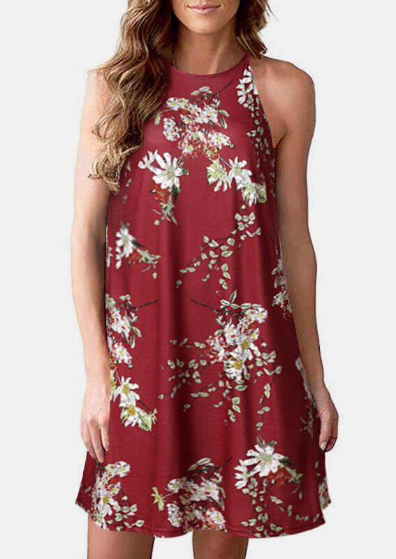 

Floral Sleeveless Mini Dress - Burgundy, 450531