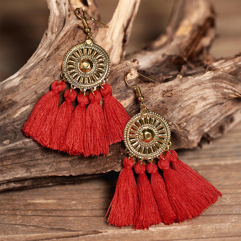 

Sunflower Fan-shaped Tassel Earrings, Red;white;army green, 453159