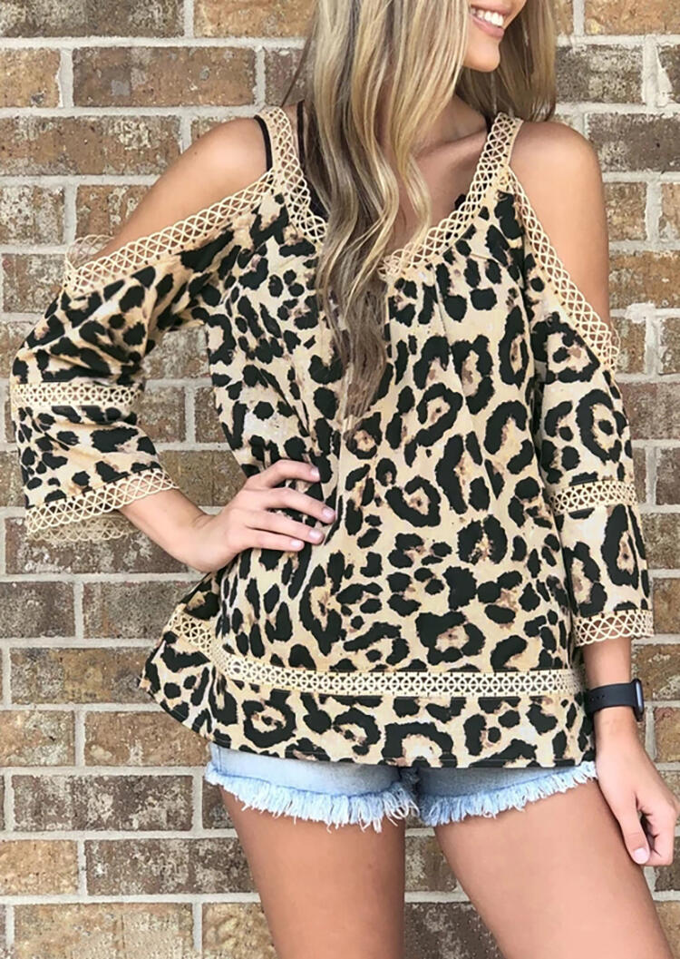 

Leopard Lace Splicing Cold Shoulder Blouse, 453480