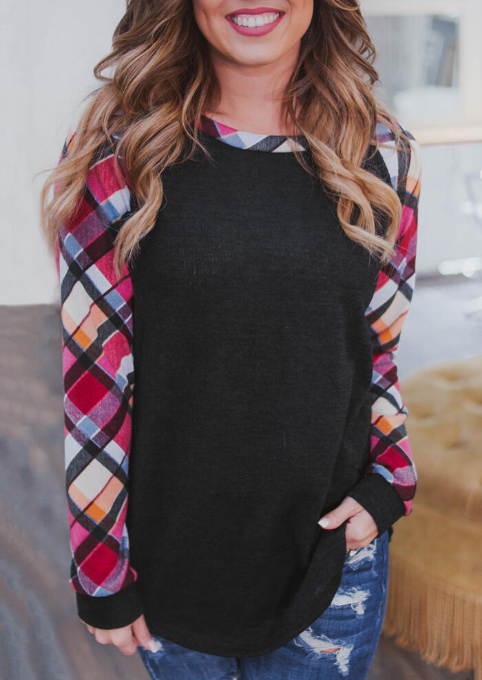 

Plaid Splicing Long Sleeve T-Shirt Tee - Black, 453482