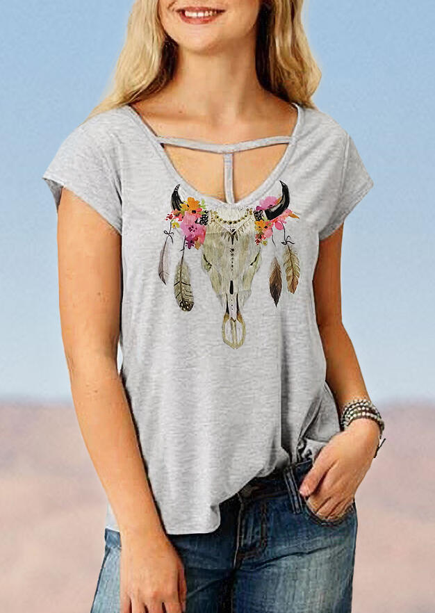 Floral Steer Skull Hollow Out Blouse – Gray