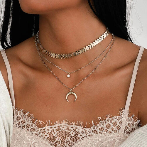 

Necklaces Moon Crescent Pendant Multi-Layered Necklace. Size, Gold