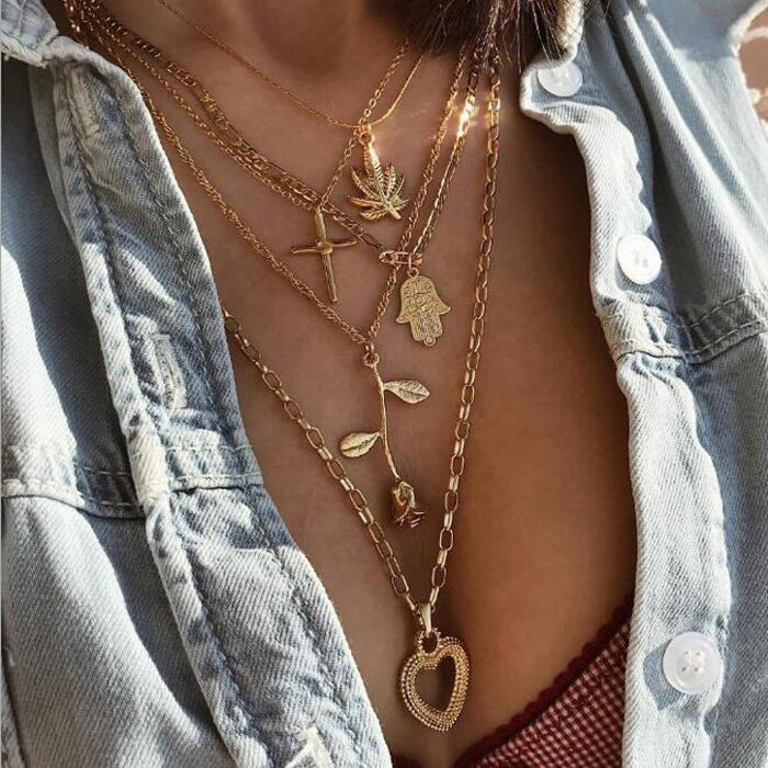 

Necklaces Cross Leaf Heart Multi-Layered Necklace. Size, Gold