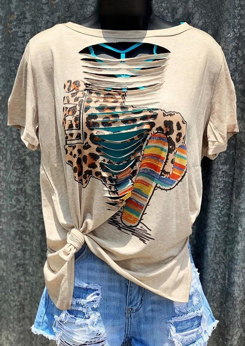 

Leopard Printed Cactus Hollow Out Blouse - Cream, 453133