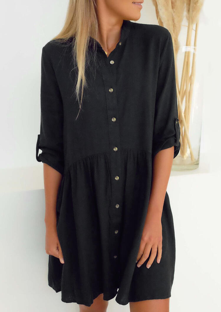 

Solid Button Long Sleeve Mini Dress without Necklace - Black, 453538