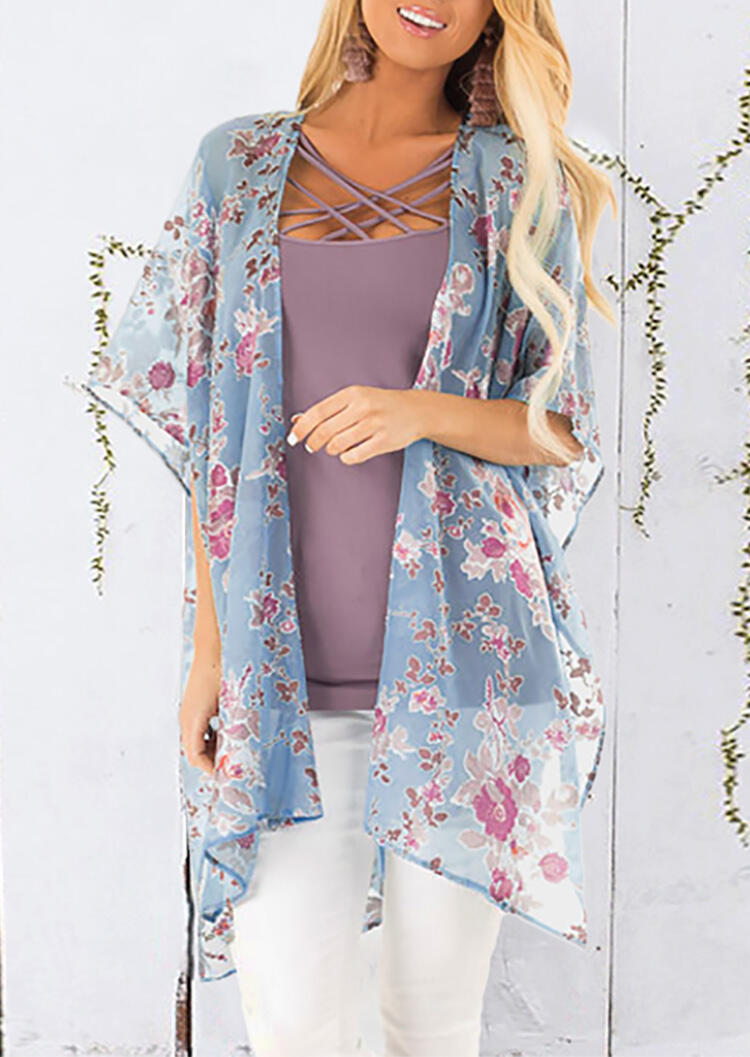 

Cardigans Floral Printed Batwing Sleeve Cardigan - Lake Blue. Size