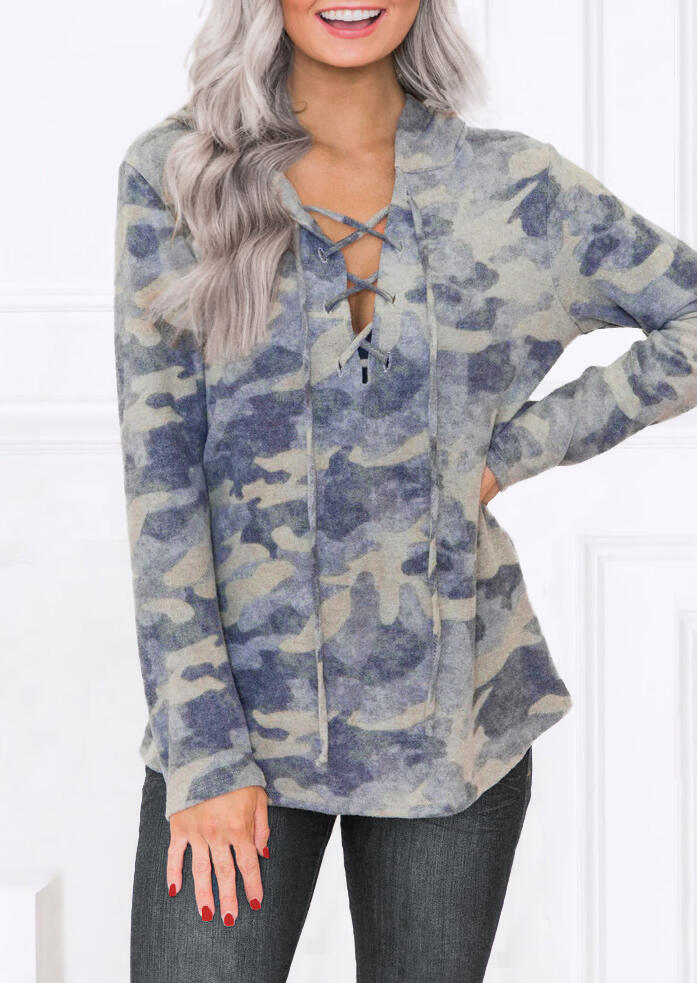 

Camo Print Lace Up Hooded Blouse Hoodies for Women, Camouflage