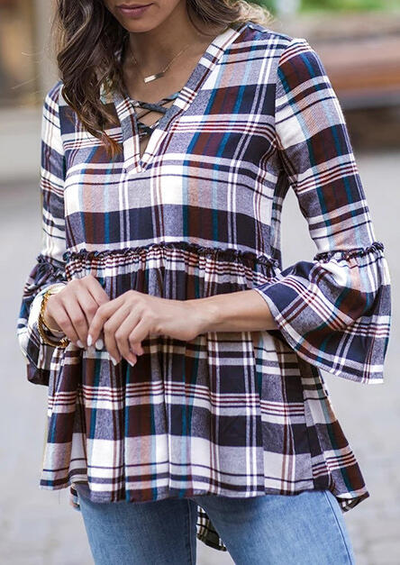 

Blouses Plaid Ruffled Criss-Cross Blouse without Necklace. Size