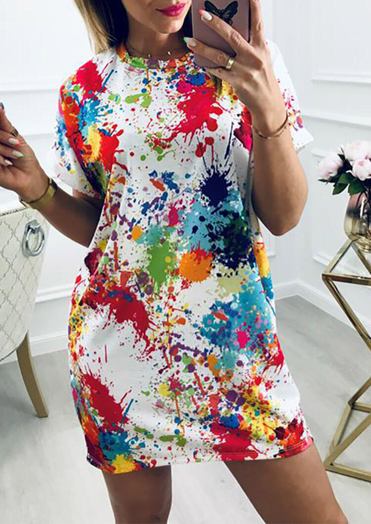 

Multicolor Splash Ink Mini Dress without Necklace - White, 451987
