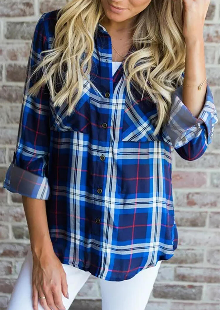 

Plaid Long Sleeve Turn-Down Collar Shirt - Blue, 453512