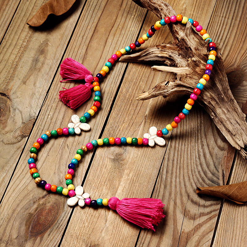 

Butterfly Wooden Bead Tassel Bohemian Necklace, Blue;yellow;rose red, 453612