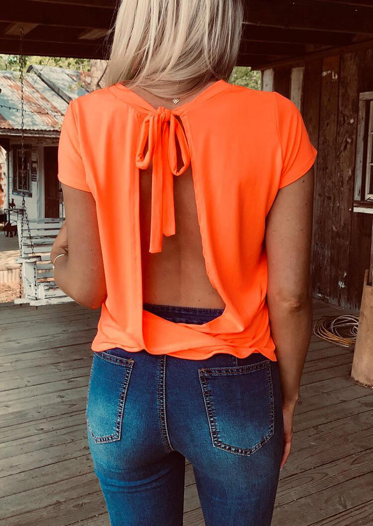 

Solid Open Back Tie Blouse without Necklace - Orange, 453644
