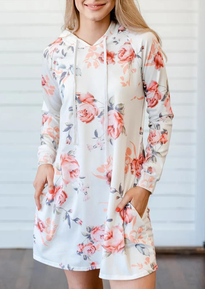 

Mini Dresses Floral Pocket Hooded Long Sleeve Mini Dress - White. Size