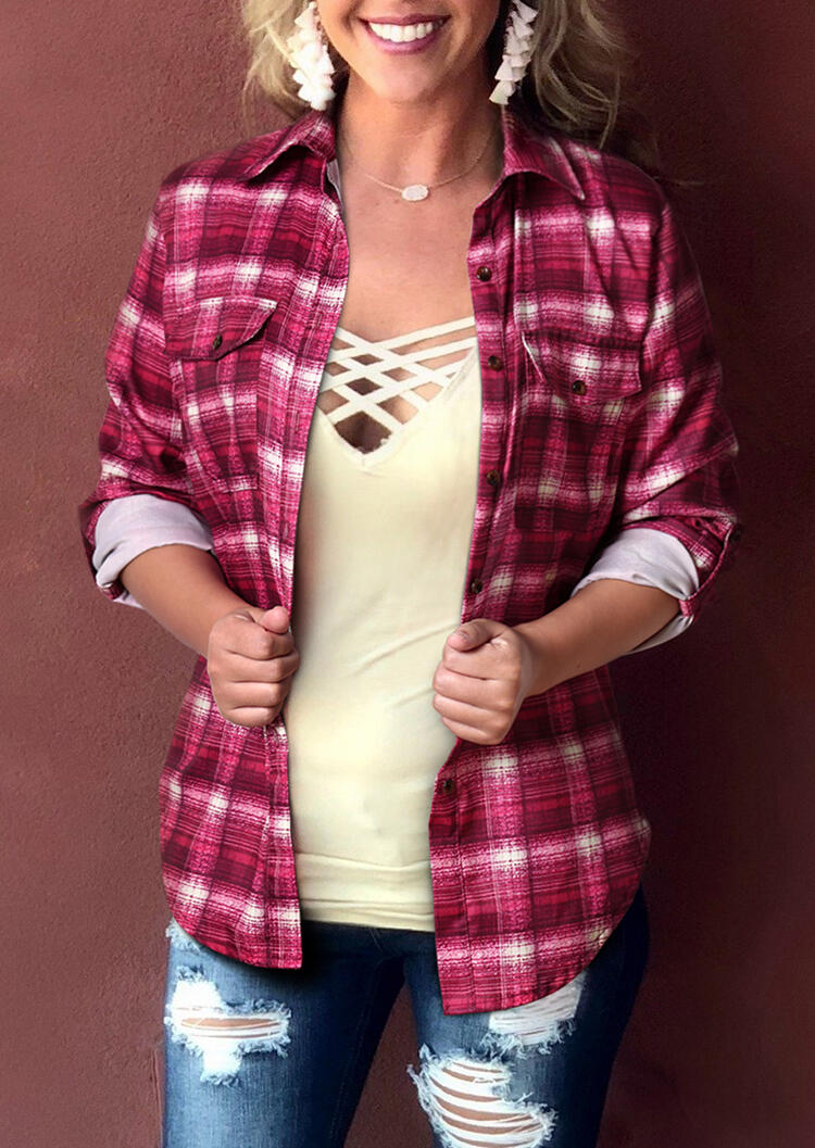 

Shirts Plaid Pocket Turn-Down Collar Shirt without Necklace. Size