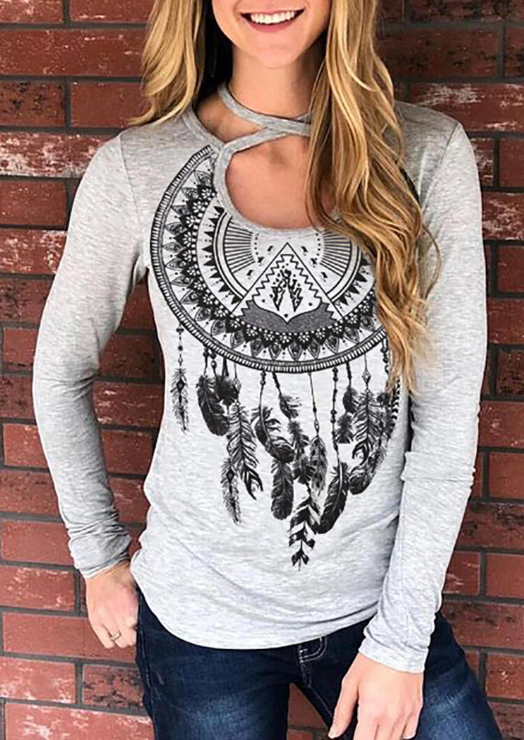 

Dream Catcher Feather Printed Hollow Out Halter Top Shirt Blouse, Gray