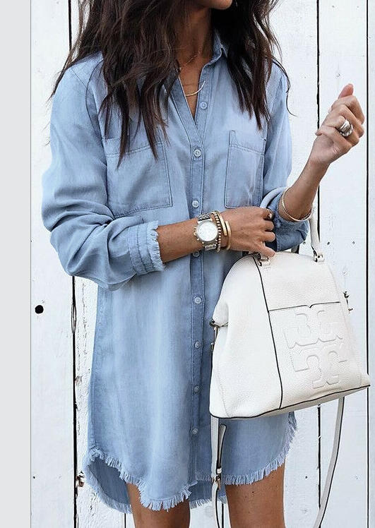 

Mini Dresses Denim Tassel Splicing Mini Dress without Necklace - Blue. Size