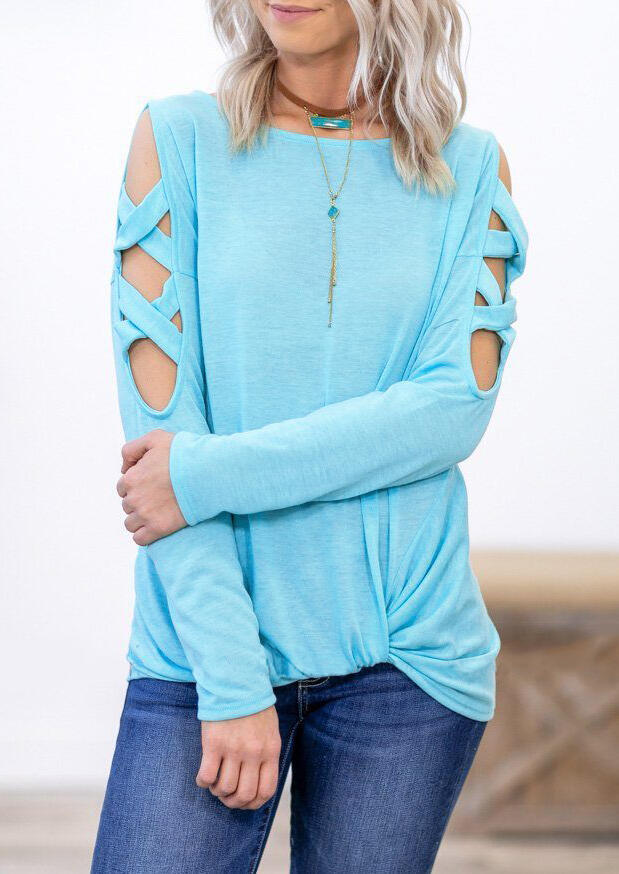 

Solid Hollow Out Criss-Cross Twist Blouse without Necklace - Light Blue, Lightblue, 453736