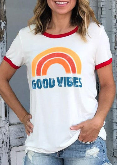 

Good Vibes Splicing O-Neck Rainbow T-Shirt, 410853, White