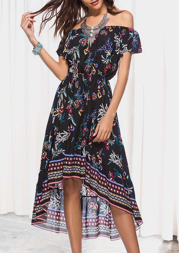 

Maxi Dresses Floral Asymmetric Off Shoulder Maxi Dress in Black. Size