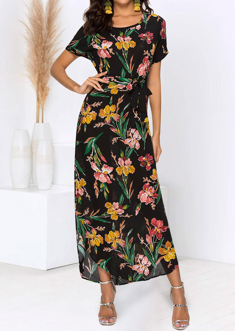 

Maxi Dresses Floral O-Neck Short Sleeve Maxi Dress in Red,Navy Blue. Size: L