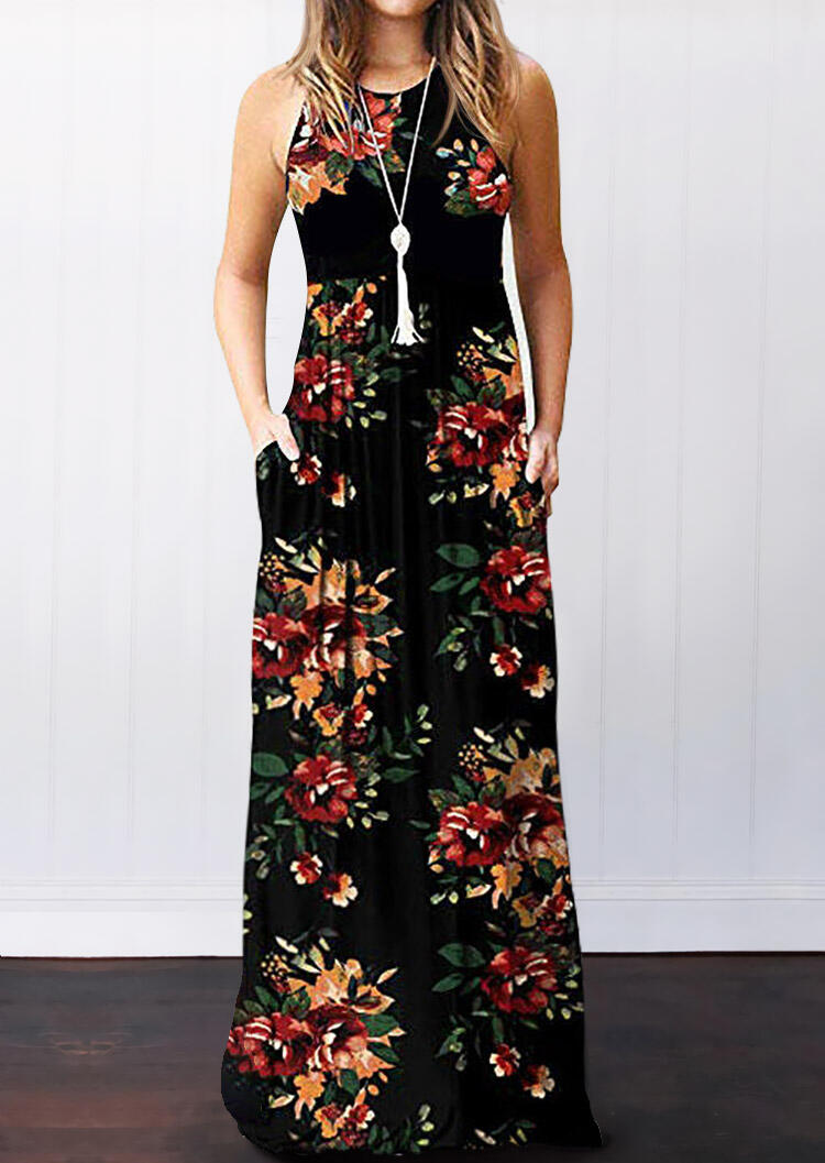 

Floral Pocket Sleeveless Maxi Dress without Necklace, Black, 443725