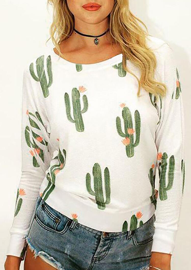 Cactus Long Sleeve O-Neck T-Shirt Tee without Necklace - White ...