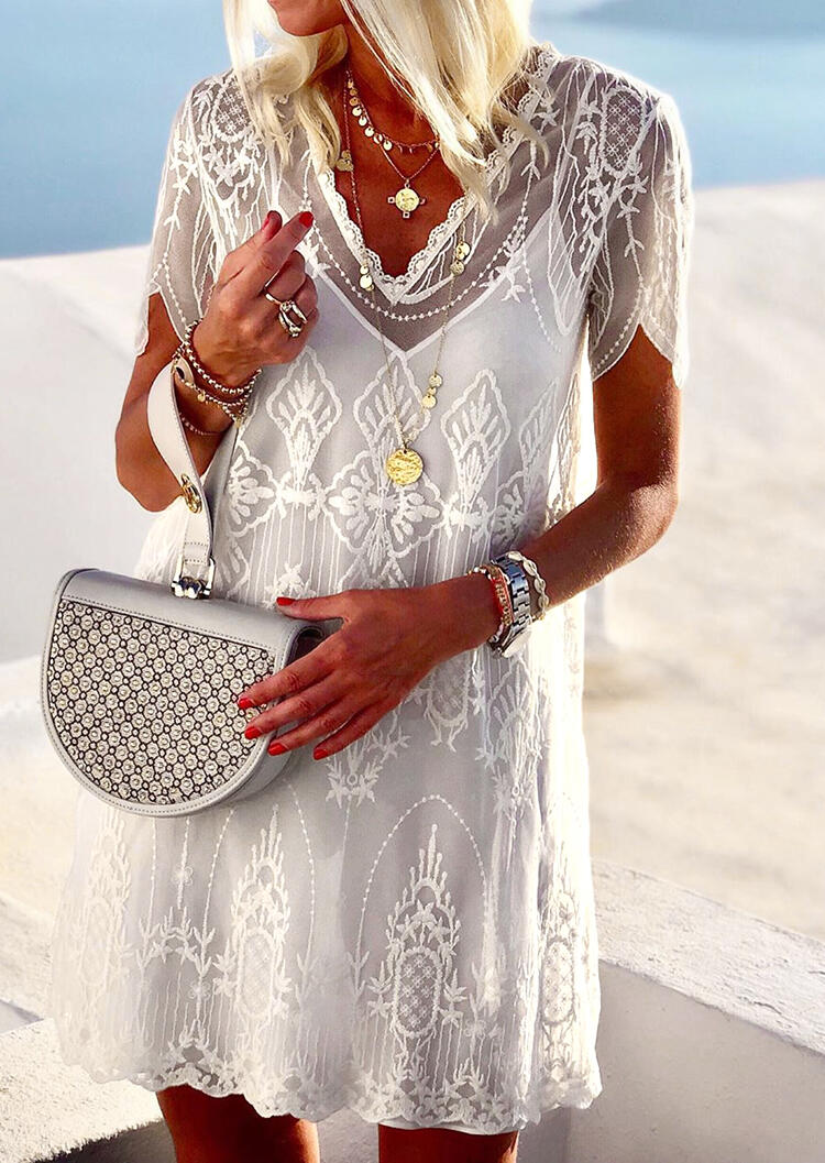 

Solid Lace Splicing See-Through Mini Dress without Necklace - White, 453738