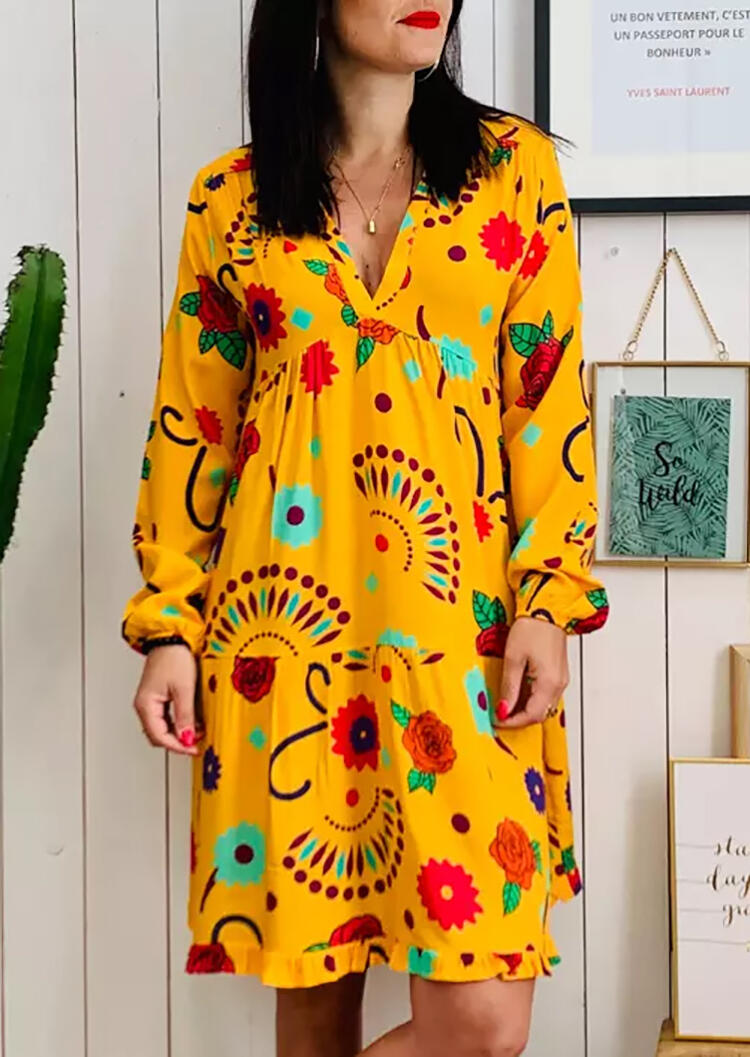 

Mini Dresses Floral Ruffled V-Neck Mini Dress without Necklace - Yellow. Size: ,M