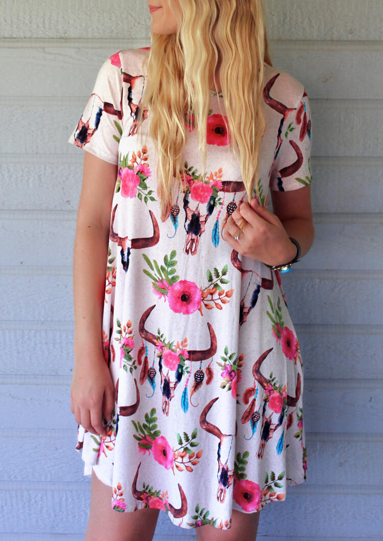 

Cow Skull Flowers Steer Skull Floral Mini Dress, White